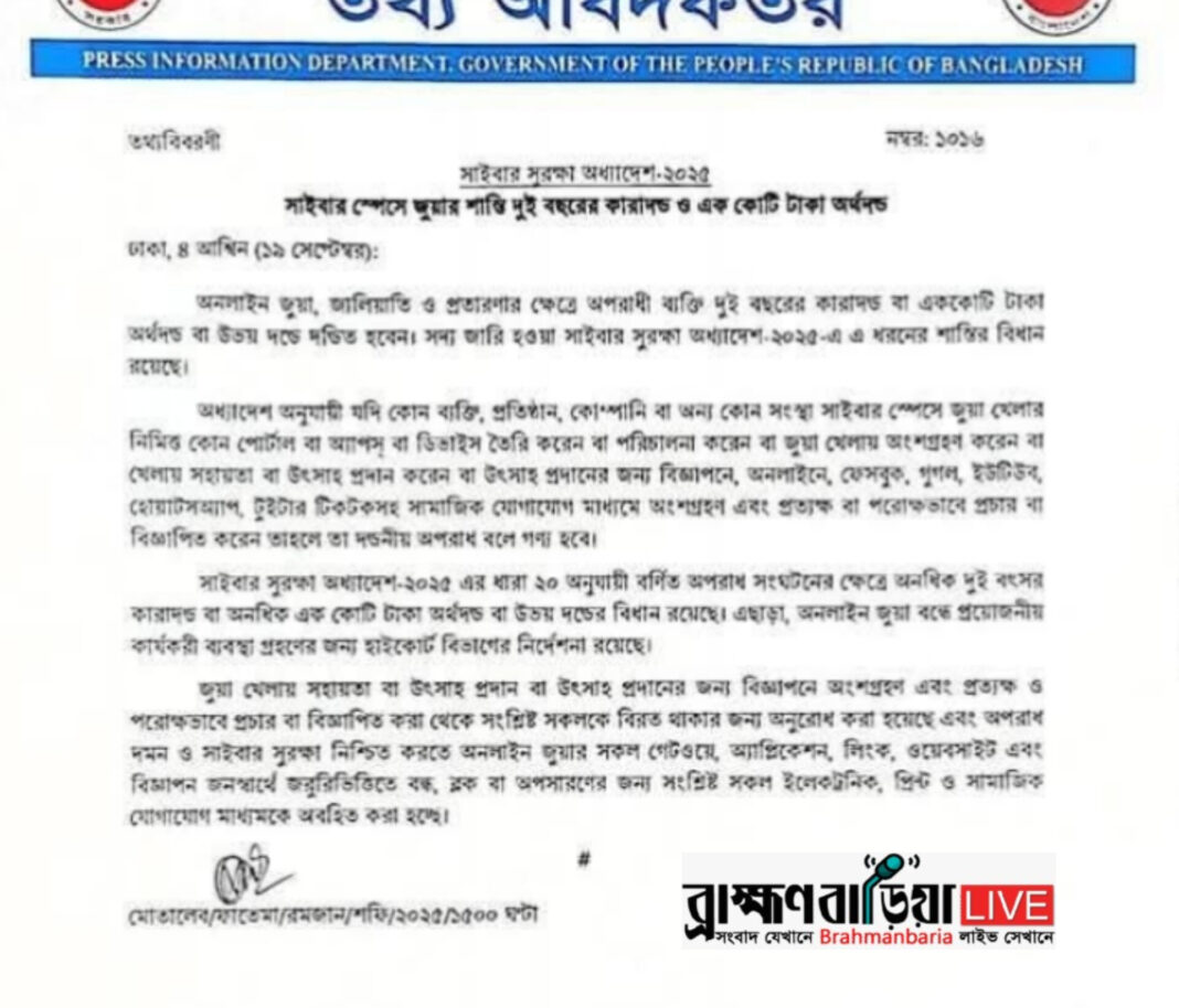 অনলাইনে জুয়া খেললে ২ বছরের কারাদণ্ড ও ১ কোটি টাকা জরিমানা: সাইবার সুরক্ষা অধ্যাদেশে নতুন বিধান